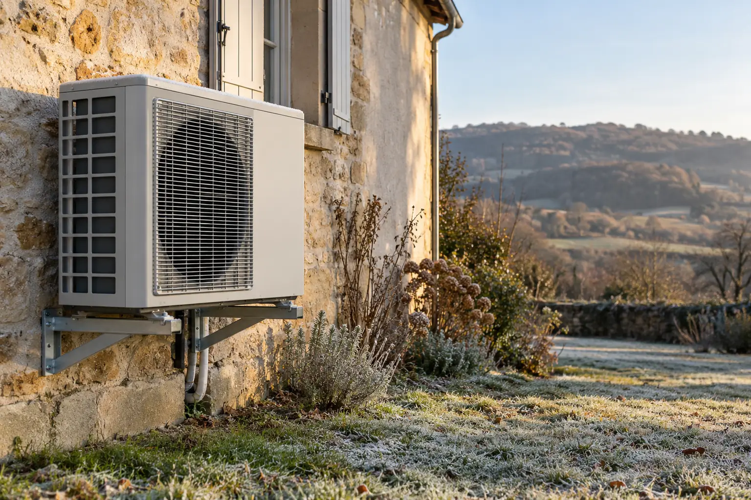 Unité extérieure de pompe à chaleur contre une maison en pierre, matin d'hiver